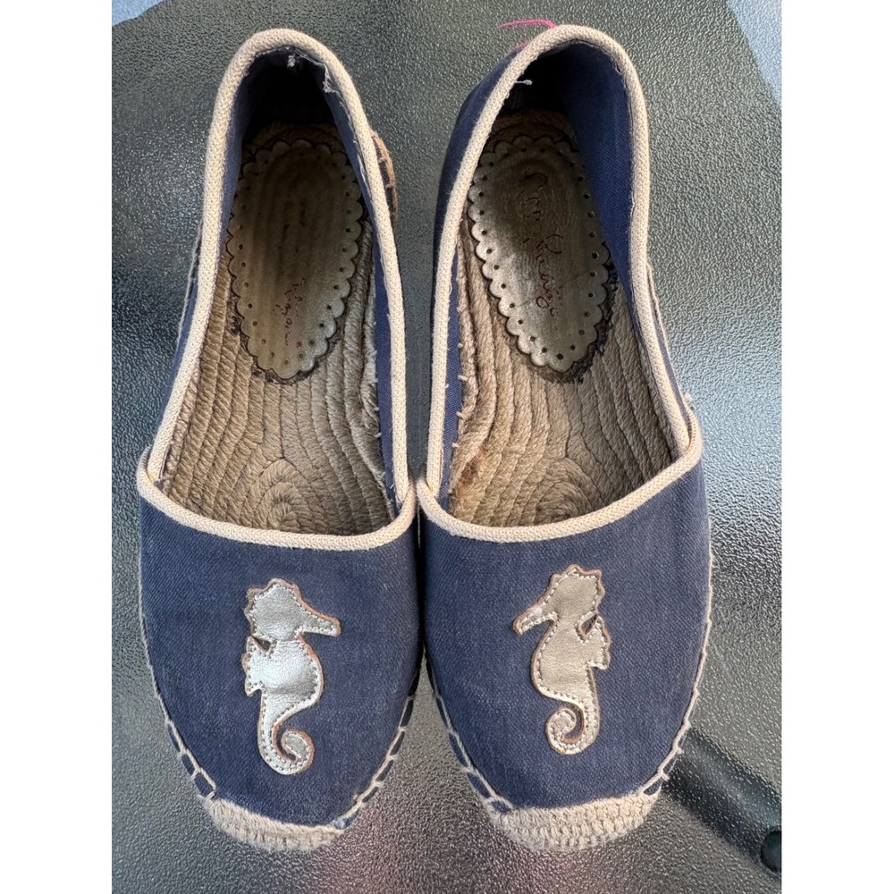 Lilly Pulitzer Navy Blue Canvas Seahorse Espadrille Flats Gold Embroidery Size 7